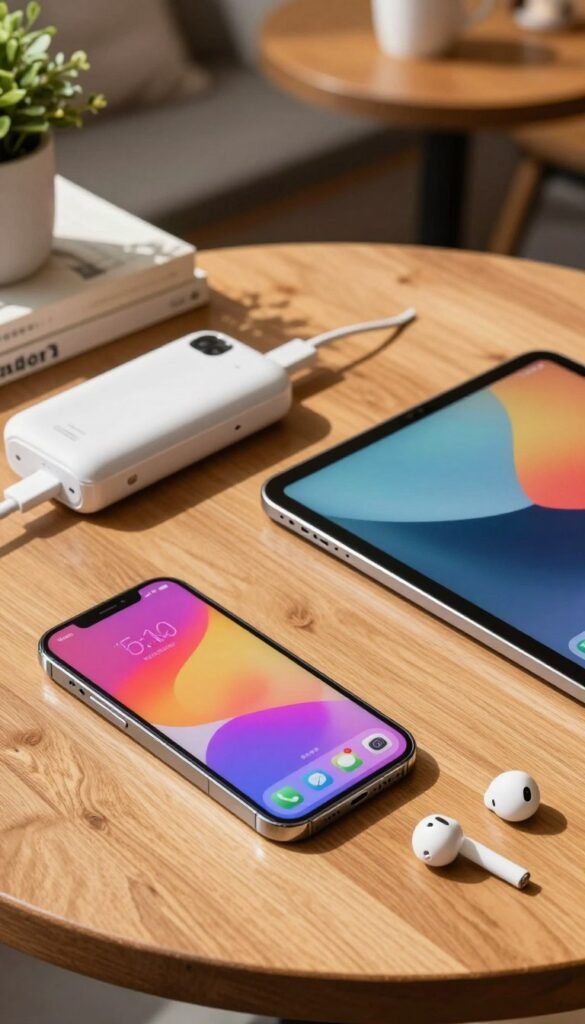 A modern, stylish flat lay composition featuring a sleek smartphone and a tablet, both showcasing vibrant, user-friendly interfaces. The devices are placed on a wooden table adorned with casual tech accessories like a portable charger, a stylish phone case, and a pair of wireless earbuds. Warm natural lighting enhances the scene, casting soft shadows and creating an inviting atmosphere. In the background, a cozy coffee shop setting with books and greenery subtly adds to the ambiance, allowing for a sense of flexibility and productivity while on the go. The brand name "TechKiste" is subtly incorporated into the design elements of the accessories without overt branding. The overall style is authentic, resembling a curated Pinterest aesthetic, perfect for illustrating the versatility of practical gadgets for everyday use.