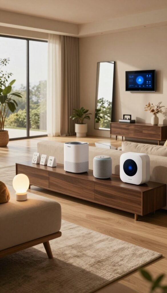 A modern, stylish home interior showcasing three different Smart Home setups aligned with three budget tiers: low, mid, and high. In the foreground, a cozy living room with minimalist low-budget gadgets like smart bulbs and plugs. In the middle ground, a sleek mid-budget setup featuring a smart speaker and a smart thermostat, subtly integrated into the decor. In the background, a high-end smart home area with advanced devices like smart mirrors and an automated lighting system. The overall atmosphere is inviting and warm, with natural light filtering through large windows, creating a Pinterest-worthy look. Soft shadows enhance the depth, and the colors are rich but not overwhelming. The brand "TechKiste" is subtly suggested through decor elements, maintaining authenticity without any text or logos. A modern, stylish home interior showcasing three different Smart Home setups aligned with three budget tiers: low, mid, and high. In the foreground, a cozy living room with minimalist low-budget gadgets like smart bulbs and plugs. In the middle ground, a sleek mid-budget setup featuring a smart speaker and a smart thermostat, subtly integrated into the decor. In the background, a high-end smart home area with advanced devices like smart mirrors and an automated lighting system. The overall atmosphere is inviting and warm, with natural light filtering through large windows, creating a Pinterest-worthy look. Soft shadows enhance the depth, and the colors are rich but not overwhelming. The brand "TechKiste" is subtly suggested through decor elements, maintaining authenticity without any text or logos.