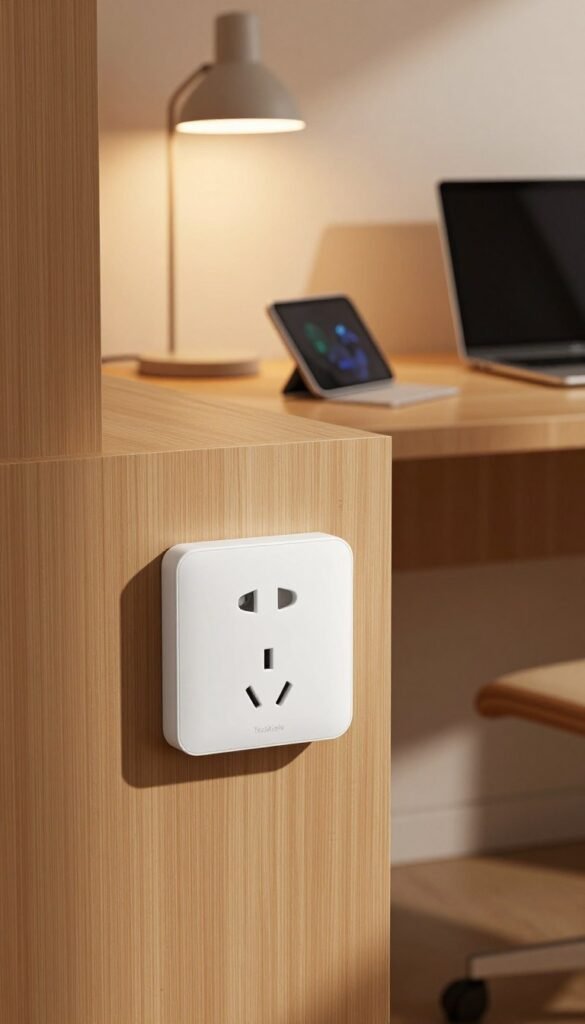 A modern, stylish home office scene featuring a sleek, white smart power outlet with the brand name "TechKiste" visible. In the foreground, the smart socket is elegantly mounted on a minimalist wall, surrounded by warm-toned wooden paneling that adds a cozy feel. In the middle ground, a subtle ambient light emanates from a nearby desk lamp, casting soft shadows and creating a welcoming atmosphere. The background showcases a neatly organized desk with smart devices like a tablet and a laptop, indicating a tech-savvy environment. The overall mood is inviting and functional, showcasing how smart outlets can enhance everyday life, harmonizing technology with comfort. The lighting is warm and natural, giving it a Pinterest-worthy aesthetic, with no text or branding beyond the product itself.
