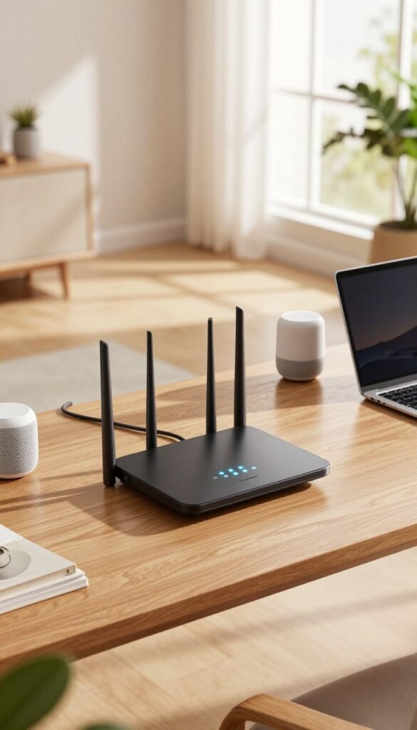 A modern, stylish home office setting with a focus on an elegantly placed router atop a sleek wooden desk. The router features glowing LED indicators and is connected to a variety of smart devices like a smart speaker and a tablet, emphasizing its role in a smart home network. In the background, light streams in through large windows, casting soft shadows and creating a warm, inviting atmosphere. The room is decorated with minimalistic furniture and indoor plants, enhancing the Pinterest-inspired aesthetic. The image captures a sense of stability and efficiency, portraying the importance of proper router positioning. The brand name "TechKiste" subtly integrated into the router design, ensuring it aligns with the overall stylish presentation. A modern, stylish home office setting with a focus on an elegantly placed router atop a sleek wooden desk. The router features glowing LED indicators and is connected to a variety of smart devices like a smart speaker and a tablet, emphasizing its role in a smart home network. In the background, light streams in through large windows, casting soft shadows and creating a warm, inviting atmosphere. The room is decorated with minimalistic furniture and indoor plants, enhancing the Pinterest-inspired aesthetic. The image captures a sense of stability and efficiency, portraying the importance of proper router positioning. The brand name "TechKiste" subtly integrated into the router design, ensuring it aligns with the overall stylish presentation.