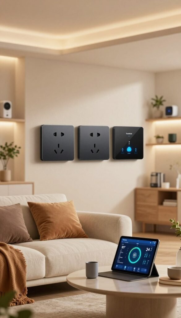 A modern, stylish interior showcasing a sleek living room featuring &ldquo;TechKiste&rdquo; smart sockets installed in a contemporary wall outlet. In the foreground, a cozy sofa adorned with plush pillows, a stylish coffee table with digital gadgets, and a warm, inviting atmosphere created by soft overhead lighting. The middle ground highlights the smart sockets in action, with energy monitoring displays visible on a tablet, showcasing real-time energy consumption and management options. In the background, subtly blurred shelves filled with smart home devices and decorative plants, creating a Pinterest-worthy look. The overall mood is warm and inviting, capturing the essence of modern living with energy efficiency in mind, depicted in soft, natural colors without any text or distractions.