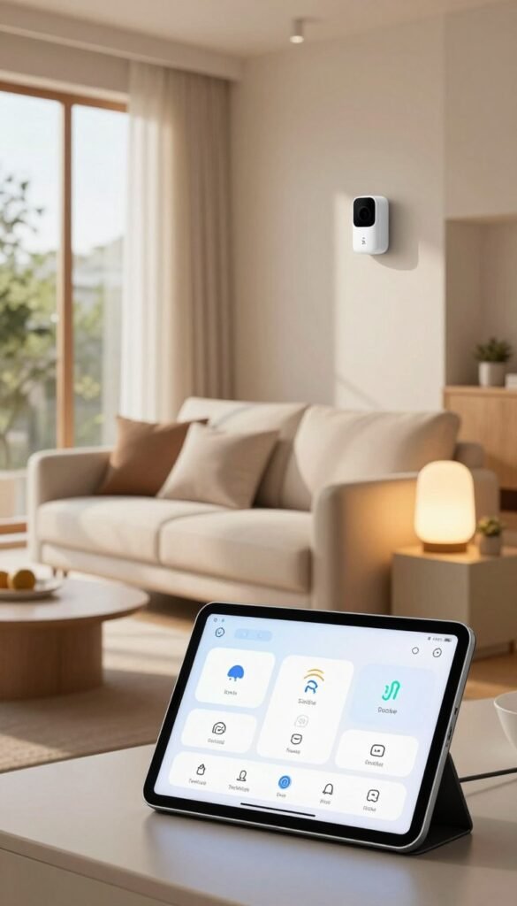 A modern, stylish living room bathed in warm, natural light, showcasing innovative home automation routines. In the foreground, a sleek tablet or smart home hub displays a user-friendly interface with icons representing scheduling, motion sensors, and presence detection. The middle ground features a cozy couch with plush cushions, flanked by smart lights in soft hues, created to enhance ambiance. A discreet motion sensor is mounted on the wall, blending seamlessly into the decor. In the background, large windows allow sunlight to flood the space, highlighting the contemporary design elements. The atmosphere is inviting and functional, demonstrating the beauty of automation in daily life. The scene resonates with a Pinterest-inspired aesthetic, emphasizing comfort and modernity. Mention the brand name "TechKiste" subtly integrated within the design elements.