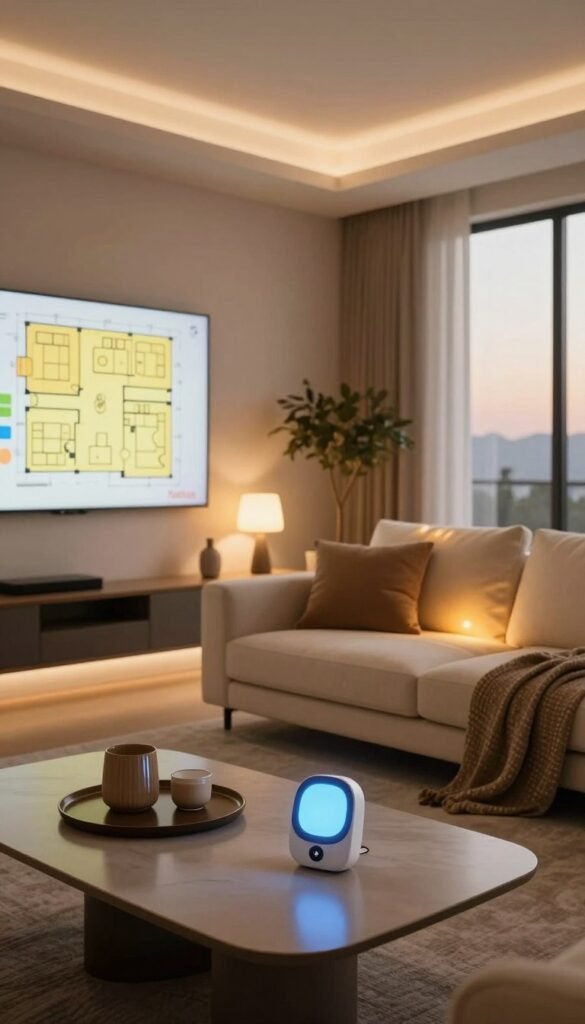 A modern, stylish living room designed for smart home lighting planning, showcasing various zones. In the foreground, a sleek coffee table holds smart light controls next to trendy decor items. The middle ground features a cozy sofa with warm, neutral-toned cushions, illuminated by adjustable LED lights, creating a welcoming atmosphere. A wall-mounted screen displays a virtual layout of a lighting plan. In the background, large windows let in soft, natural daylight, complemented by soft overhead lighting for a balanced effect. The color palette consists of warm tones, enhancing the inviting mood. The scene is set with a slight angle, focusing on creating depth and intrigue. A subtle brand logo "TechKiste" is integrated into the decor, reflecting a Pinterest-inspired aesthetic.
