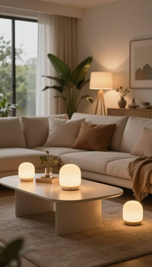 A modern, stylish living room featuring innovative lighting solutions designed for comfort and functionality. In the foreground, a sleek, minimalist coffee table with warm, ambient lighting emanating from elegant floor lamps surrounding it. In the middle ground, a comfortable sofa adorned with cozy throw pillows, demonstrating a welcoming atmosphere. Large windows allow soft, natural light to filter in, complementing the warm color palette of earthy tones. The background showcases a tasteful arrangement of plants and decor, contributing to a Pinterest-worthy aesthetic. The scene embodies a harmonious blend of comfort and contemporary design, highlighting smart light solutions in a residential setting. Capture this image using a 35mm lens, showcasing a soft-focus effect and a warm glow to evoke a serene yet inviting mood. Include subtle branding elements from "TechKiste" within the decor.