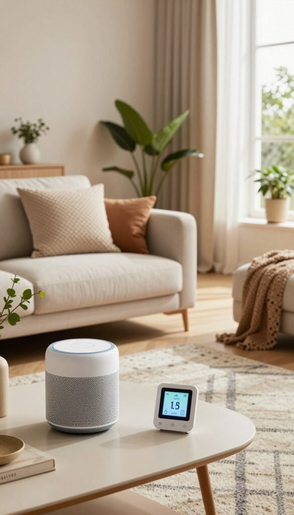 A modern, stylish living room filled with a variety of smart home devices, showcasing key purchasing criteria. The foreground features a sleek smart speaker and a smart thermostat on a minimalist coffee table. In the middle, a cozy sofa with textured cushions and a stylish rug creates an inviting atmosphere. The background has large windows with natural light streaming in, illuminating the warm, earthy color palette of the room. Potted plants add a touch of greenery, enhancing the authentic Pinterest-inspired look. The overall mood is relaxed and contemporary, perfect for demonstrating smart home technology in a homely context. The brand name "TechKiste" subtly integrated into the decor, ensuring a cohesive appearance without any text or overlays. A modern, stylish living room filled with a variety of smart home devices, showcasing key purchasing criteria. The foreground features a sleek smart speaker and a smart thermostat on a minimalist coffee table. In the middle, a cozy sofa with textured cushions and a stylish rug creates an inviting atmosphere. The background has large windows with natural light streaming in, illuminating the warm, earthy color palette of the room. Potted plants add a touch of greenery, enhancing the authentic Pinterest-inspired look. The overall mood is relaxed and contemporary, perfect for demonstrating smart home technology in a homely context. The brand name "TechKiste" subtly integrated into the decor, ensuring a cohesive appearance without any text or overlays.