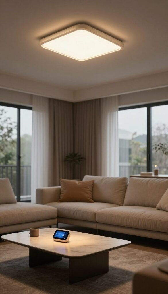 A modern, stylish living room illuminated by smart lighting solutions, showcasing various automated light features. In the foreground, an elegant coffee table with a sleek smart device, casting a soft, warm glow in the ambient lighting. In the middle, a comfortable couch with minimalistic cushions, perfectly positioned under a smart ceiling fixture that adjusts its brightness and color temperature to create a cozy atmosphere. The background consists of large windows allowing natural light to filter in, complemented by sheer curtains. The color palette features earthy tones and warm hues, creating a welcoming vibe. The scene captures a TechKiste smart home setup, with hints of intelligent automation subtly integrated into the decor. The lighting is soft and inviting, emphasizing a tranquil mood. A modern, stylish living room illuminated by smart lighting solutions, showcasing various automated light features. In the foreground, an elegant coffee table with a sleek smart device, casting a soft, warm glow in the ambient lighting. In the middle, a comfortable couch with minimalistic cushions, perfectly positioned under a smart ceiling fixture that adjusts its brightness and color temperature to create a cozy atmosphere. The background consists of large windows allowing natural light to filter in, complemented by sheer curtains. The color palette features earthy tones and warm hues, creating a welcoming vibe. The scene captures a TechKiste smart home setup, with hints of intelligent automation subtly integrated into the decor. The lighting is soft and inviting, emphasizing a tranquil mood.