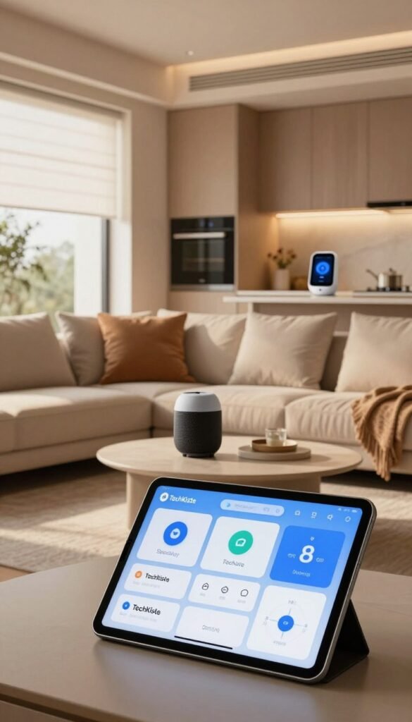 A modern, stylish living room in a smart home setup, emphasizing automation technology. In the foreground, a sleek tablet displaying smart home controls, with soft, ambient lighting enhancing the warmth of the space. In the middle ground, a cozy sofa adorned with plush cushions, a smart speaker on a contemporary coffee table, and an automated window blind partially drawn, allowing natural light to filter in. In the background, an open kitchen with high-tech appliances and a digital assistant actively managing tasks. The atmosphere is inviting and efficient, showcasing a seamless blend of technology and comfort. Natural colors with warm tones create a Pinterest-inspired aesthetic. The logo "TechKiste" is subtly integrated into the tablet screen, inspiring a feeling of innovation and convenience in everyday life.
