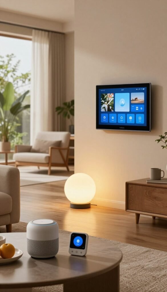 A modern, stylish living room showcasing various smart home devices in a harmonious arrangement, focusing on compatibility and integration. In the foreground, a sleek smart speaker and a smart thermostat sit on a refined coffee table. In the middle ground, a visually appealing smart light fixture illuminates the space with warm, inviting light, casting soft shadows that enhance the cozy atmosphere. On a nearby wall, a smart display showcases intuitive controls for the devices while reflecting a Pinterest-inspired aesthetic with natural colors and textures. The background features an open concept room with greenery visible outside through large windows, contributing to the peaceful, modern vibe. The brand name "TechKiste" is subtly incorporated into the scene. The overall mood is warm and authentic, creating a sense of tranquility and innovation.