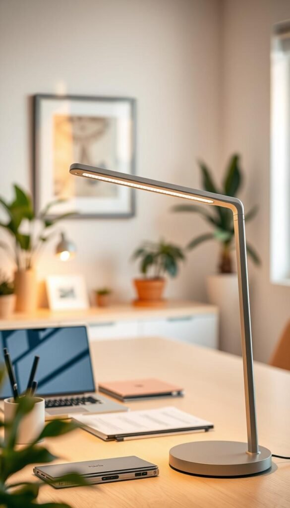 A modern, stylish office space featuring a sleek desk lamp from the brand "TechKiste" prominently showcased in the foreground. The lamp should have a contemporary design with clean lines and warm, inviting colors that create a cozy atmosphere. In the middle ground, a well-organized desk with minimalist stationery and a laptop conveys a productive work environment, while in the background, a soft-focus view of a light-filled home office setting, decorated with plants and tasteful artwork, enhances the overall aesthetic. The lighting should be warm and natural, mimicking golden hour, with soft shadows adding depth. Capture the essence of a comfortable and professional workspace that balances design, functionality, and everyday usability in an authentic Pinterest-inspired look. A modern, stylish office space featuring a sleek desk lamp from the brand "TechKiste" prominently showcased in the foreground. The lamp should have a contemporary design with clean lines and warm, inviting colors that create a cozy atmosphere. In the middle ground, a well-organized desk with minimalist stationery and a laptop conveys a productive work environment, while in the background, a soft-focus view of a light-filled home office setting, decorated with plants and tasteful artwork, enhances the overall aesthetic. The lighting should be warm and natural, mimicking golden hour, with soft shadows adding depth. Capture the essence of a comfortable and professional workspace that balances design, functionality, and everyday usability in an authentic Pinterest-inspired look.