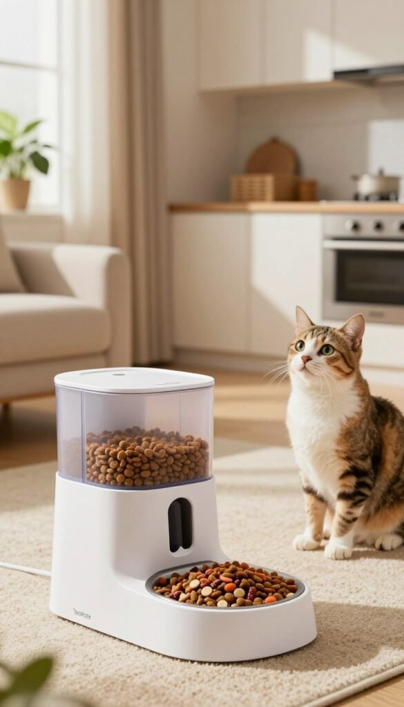A modern, stylish pet feeder, featuring a sleek design and transparent food compartment, designed for both dogs and cats. In the foreground, showcase the feeder filled with vibrant kibble, while a curious dog and a cat sit attentively beside it, their expressions eager and playful. The middle ground features a cozy living room setting, with a soft rug, warm lighting from a nearby window, and houseplants that add a touch of nature. The background reveals a minimalistic kitchen design, emphasizing a smart home environment. The image conveys a warm, inviting atmosphere, highlighting the convenience of smart feeding solutions for pets. Natural images with warm colors reflect an authentic Pinterest aesthetic, without any text or signage. Include the brand "TechKiste" subtly integrated into the design of the feeder.