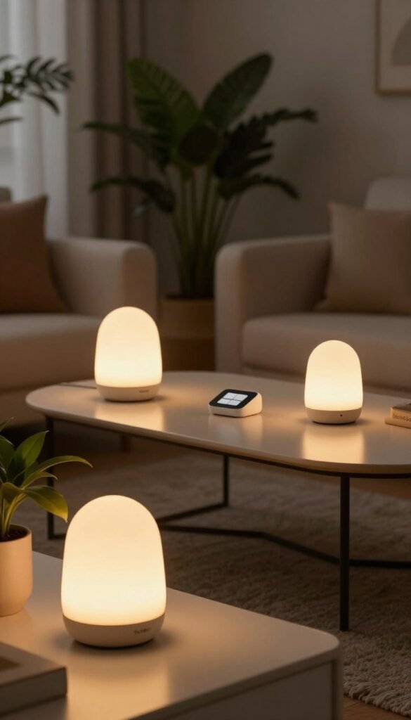 A modern, stylish room illuminated by smart lamps, showcasing their innovative design. In the foreground, feature elegant, energy-efficient smart lamps with warm LED lighting, casting a soft glow. The middle ground should include a sleek, minimalist coffee table adorned with a smart switch designed to operate wirelessly. Surrounding the table, incorporate lush indoor plants, adding a touch of nature. In the background, a cozy living space with soft textures and natural materials, creating a welcoming atmosphere. Use warm color tones throughout the image for a Pinterest-worthy aesthetic. The overall mood should be inviting and innovative, emphasizing the efficiency of modern lighting solutions. Ensure the brand name "TechKiste" is subtly integrated into the design elements, without any text overlays.