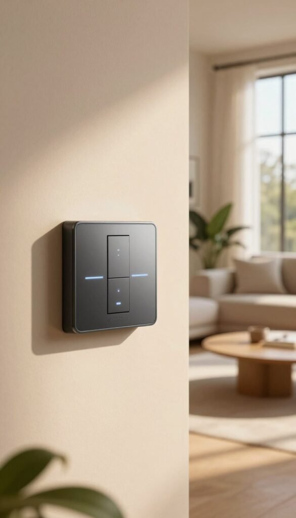 A modern, stylish room showcasing a smart light switch integrated into a sleek wall panel, highlighting "unterputzlösungen". In the foreground, focus on the beautifully designed smart switch with subtle glowing indicators, showcasing its elegant features. The middle ground reveals a minimalist living space with warm natural light filtering through large windows, casting soft shadows. In the background, elements of modern decor like potted plants and tasteful artwork enhance the room's ambiance. The overall atmosphere is inviting and sophisticated, emphasizing the practicality and aesthetic appeal of smart lighting solutions. Capture the scene using a soft focus lens to create a warm, Pinterest-inspired look, ensuring the image feels authentic and professional without any text or branding visible, apart from the subtle presence of a "TechKiste" logo on the switch itself. A modern, stylish room showcasing a smart light switch integrated into a sleek wall panel, highlighting "unterputzlösungen". In the foreground, focus on the beautifully designed smart switch with subtle glowing indicators, showcasing its elegant features. The middle ground reveals a minimalist living space with warm natural light filtering through large windows, casting soft shadows. In the background, elements of modern decor like potted plants and tasteful artwork enhance the room's ambiance. The overall atmosphere is inviting and sophisticated, emphasizing the practicality and aesthetic appeal of smart lighting solutions. Capture the scene using a soft focus lens to create a warm, Pinterest-inspired look, ensuring the image feels authentic and professional without any text or branding visible, apart from the subtle presence of a "TechKiste" logo on the switch itself.