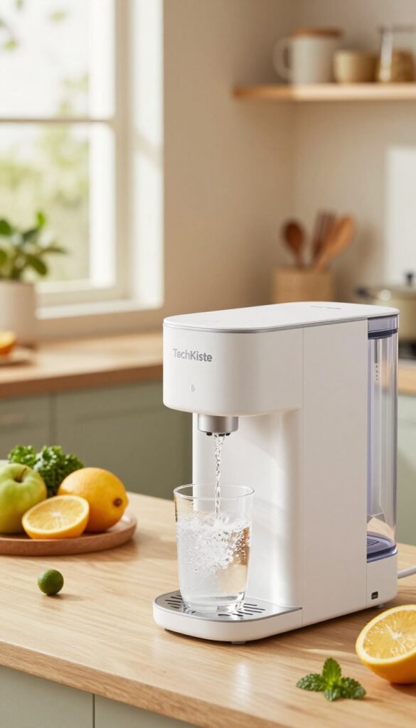 A modern, stylish sparkling water maker branded "TechKiste" prominently displayed in a well-lit kitchen setting. The foreground features the sleek device with sparkling water cascading into a glass, highlighting its elegant design. In the middle ground, a countertop adorned with fresh fruits and herbs suggests various flavoring options, emphasizing sustainability. In the background, warm, natural light filters through a window, creating a cozy, inviting atmosphere. The kitchen has a minimalist aesthetic with potted plants and eco-friendly utensils, enhancing the theme of sustainable living. The overall mood is fresh and vibrant, illustrating the environmentally friendly choice of home carbonation as an alternative to bottled water, without any text or distractions.