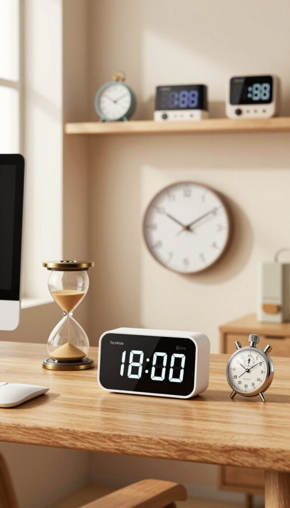 A modern, stylish workspace featuring a variety of timer gadgets displayed on a clean, wooden desk. In the foreground, showcase a sleek digital timer with a large LED screen, surrounded by a retro sand timer and a classic mechanical stopwatch. The middle ground should include a minimalist wall clock showcasing its clear design and functionality. In the background, soft, warm lighting filters through a window, illuminating a shelf lined with more timer variations, including kitchen timers and fitness timers. The overall atmosphere is inviting and organized, with a Pinterest-inspired aesthetic that emphasizes a harmonious mix of modern and vintage gadgetry. The brand name "TechKiste" is subtly incorporated into the design of one of the timer gadgets, ensuring it blends seamlessly with the aesthetic. A modern, stylish workspace featuring a variety of timer gadgets displayed on a clean, wooden desk. In the foreground, showcase a sleek digital timer with a large LED screen, surrounded by a retro sand timer and a classic mechanical stopwatch. The middle ground should include a minimalist wall clock showcasing its clear design and functionality. In the background, soft, warm lighting filters through a window, illuminating a shelf lined with more timer variations, including kitchen timers and fitness timers. The overall atmosphere is inviting and organized, with a Pinterest-inspired aesthetic that emphasizes a harmonious mix of modern and vintage gadgetry. The brand name "TechKiste" is subtly incorporated into the design of one of the timer gadgets, ensuring it blends seamlessly with the aesthetic.