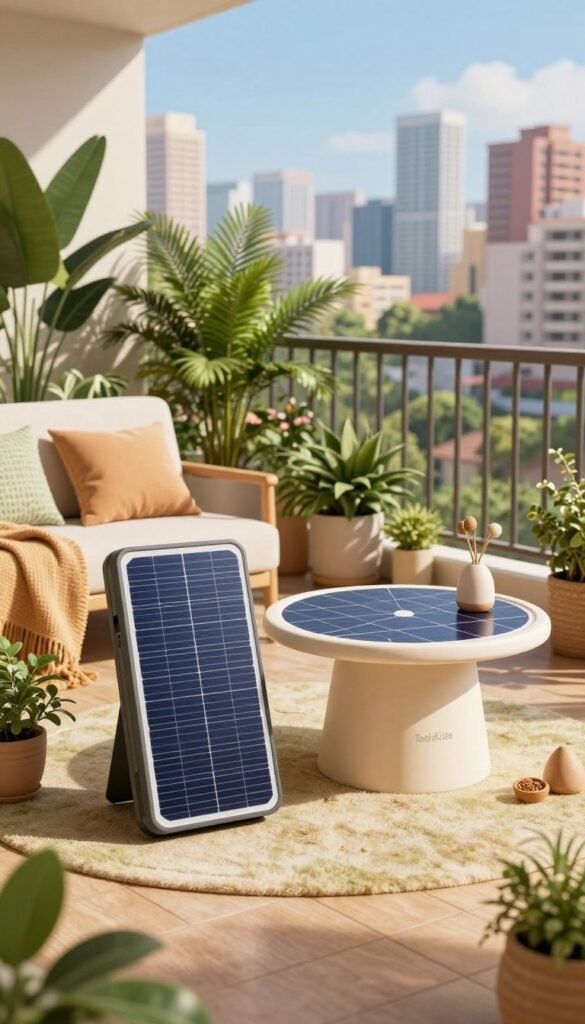 A modern, sunlit balcony showcasing a mini-solar panel setup prominently in the foreground, demonstrating sustainability and energy efficiency. The scene features a stylish solar power bank and a unique solar table, designed for everyday use, harmoniously integrated with lush greenery and small decorative plants. In the middle ground, a cozy seating area invites relaxation, while in the background, a vibrant city skyline under a clear blue sky emphasizes urban living. Soft, warm lighting highlights the natural textures of the materials used, creating an inviting atmosphere. Capture a Pinterest-worthy aesthetic with rich colors and organic compositions, ensuring that the brand name "TechKiste" is subtly incorporated into the solar products without any text overlays or watermarks.