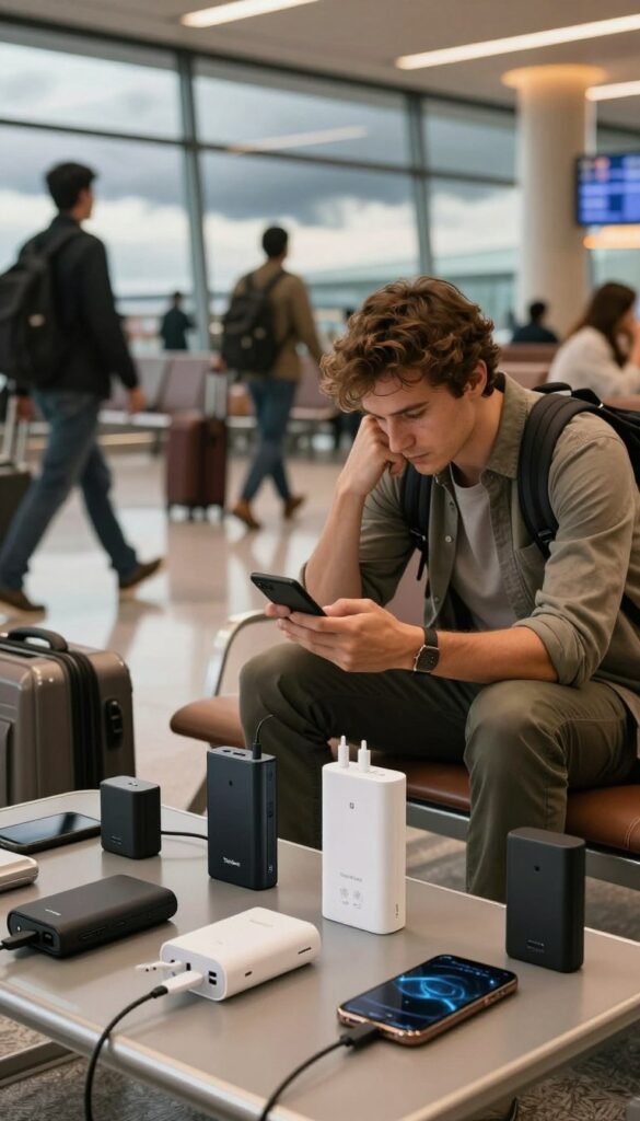 A modern travel scene showcasing a weary traveler sitting at a small airport charging station, surrounded by various travel gadgets. In the foreground, an array of portable chargers and adapters are prominently displayed, highlighting their necessity for staying powered while on the go. The traveler, dressed in casual yet professional attire, looks contemplative, checking their devices. In the middle, the busy airport environment unfolds, with travelers bustling around and a large window displaying a cloudy sky, suggesting an impending storm. The background features warm, ambient lighting that creates a cozy atmosphere, enhancing the authenticity of the moment. Capture this scene with a shallow depth of field, focusing on the traveler and gadgets, while blurring the motion of people in the background. The atmosphere should convey a sense of urgency and the challenges of managing power on the road, branded with "TechKiste".
