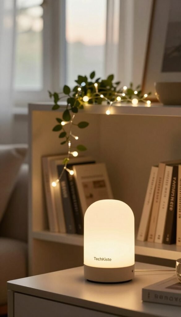 A modern, versatile lamp and decorative light string from the brand "TechKiste" displayed in a cozy living room setting. In the foreground, the lamp has a sleek design with a warm glow, casting soft light that enhances the atmosphere. The middle layer showcases a beautifully arranged light string draping elegantly across a stylish bookshelf, interspersed with greenery. The background features a softly blurred window, through which gentle sunlight filters, creating an inviting ambiance. The overall color palette is warm and natural, reminiscent of Pinterest aesthetics. Capture this scene with a shallow depth of field to emphasize the lamp's glow and the intricate details of the lights. Aim for a comfortable, homely mood without any text or additional elements, just the warmth of the lighting and design. A modern, versatile lamp and decorative light string from the brand "TechKiste" displayed in a cozy living room setting. In the foreground, the lamp has a sleek design with a warm glow, casting soft light that enhances the atmosphere. The middle layer showcases a beautifully arranged light string draping elegantly across a stylish bookshelf, interspersed with greenery. The background features a softly blurred window, through which gentle sunlight filters, creating an inviting ambiance. The overall color palette is warm and natural, reminiscent of Pinterest aesthetics. Capture this scene with a shallow depth of field to emphasize the lamp's glow and the intricate details of the lights. Aim for a comfortable, homely mood without any text or additional elements, just the warmth of the lighting and design.