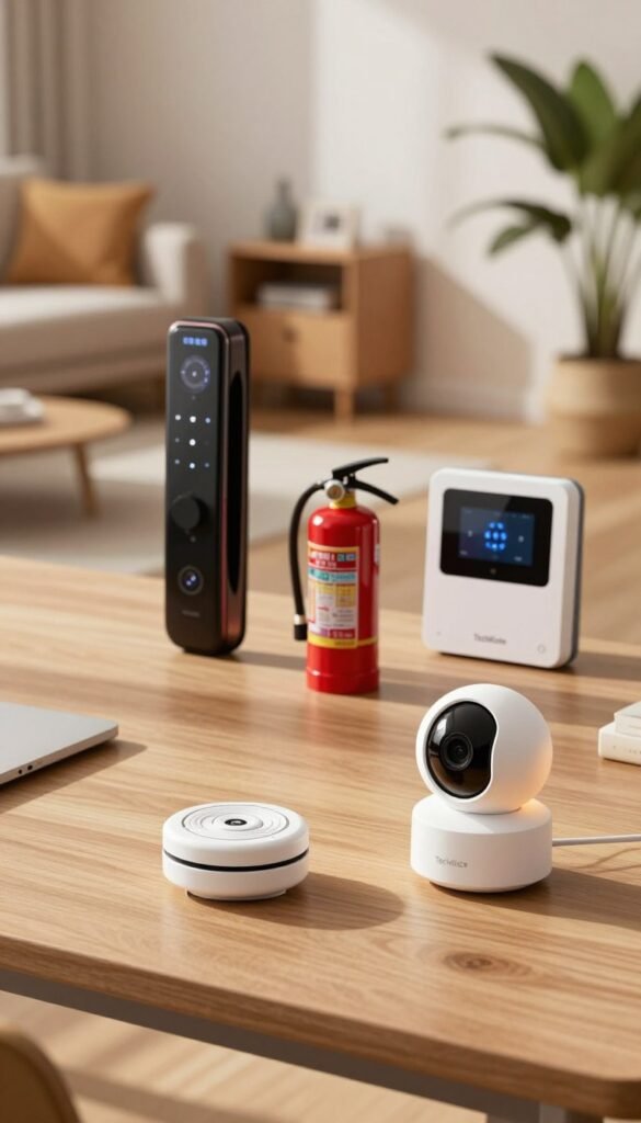 A modern, visually appealing home office setup showcasing various safety devices ideal for apartment living. In the foreground, a sleek smart smoke detector and a compact security camera with a soft, warm light glowing. In the middle ground, a neatly arranged tabletop displays a stylish digital door lock, a small fire extinguisher, and a home security alarm system, all reflecting a contemporary design. The background features a realistic living room with cozy decor, warm tones, and natural elements, suggesting a safe and inviting atmosphere. The scene is lit with soft, diffused sunlight streaming through the window, casting gentle shadows. Capture a Pinterest-like aesthetic, emphasizing authenticity without any text or logos. Incorporate the brand name "TechKiste" subtly within the product designs.