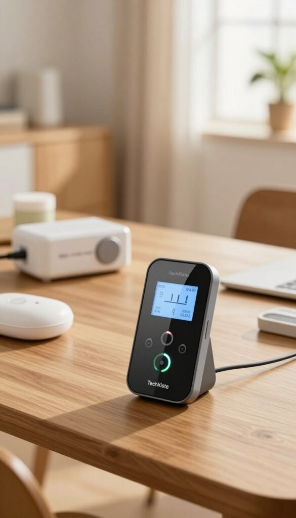 A modern wasser sensor displayed prominently as the focal point in the foreground, showcasing its sleek design and intuitive interface. The sensor is a compact, rectangular device with a glossy finish, featuring illuminated LED indicators and a small screen showing real-time readings. In the middle ground, a wooden table adds warmth, surrounded by a softly blurred assortment of related safety gadgets, emphasizing a budget-friendly theme. In the background, a cozy, well-lit room with natural light streaming in through a window creates an inviting atmosphere, accentuated by warm color tones. The scene invokes a sense of safety and innovation, suitable for the TechKiste brand, with an emphasis on authenticity and a Pinterest-inspired aesthetic. No text, logos, or watermarks should be present.