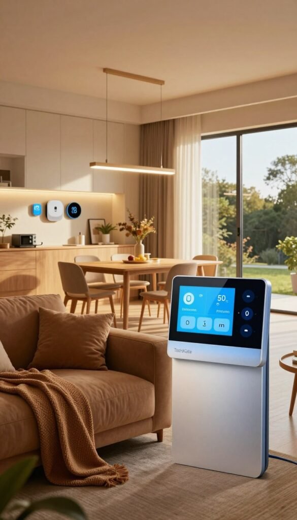 A modern, welcoming smart home interior, featuring a stylish living room with sleek, energy-efficient devices. In the foreground, a smart thermostat displays its features, next to a cozy sofa adorned with throw pillows, giving a feel of comfort and sophistication. The middle ground includes a well-lit dining area with smart lighting fixtures, highlighting various costs associated with smart home technology. In the background, large windows let in warm, natural light, showcasing a serene outdoor view. The atmosphere is friendly and inviting, designed to illustrate the benefits of smart home investments. The image should embody a Pinterest-inspired aesthetic, rich in warm colors, all while subtly incorporating the brand name "TechKiste" within the decor, ensuring it remains visually appealing and professional. A modern, welcoming smart home interior, featuring a stylish living room with sleek, energy-efficient devices. In the foreground, a smart thermostat displays its features, next to a cozy sofa adorned with throw pillows, giving a feel of comfort and sophistication. The middle ground includes a well-lit dining area with smart lighting fixtures, highlighting various costs associated with smart home technology. In the background, large windows let in warm, natural light, showcasing a serene outdoor view. The atmosphere is friendly and inviting, designed to illustrate the benefits of smart home investments. The image should embody a Pinterest-inspired aesthetic, rich in warm colors, all while subtly incorporating the brand name "TechKiste" within the decor, ensuring it remains visually appealing and professional.