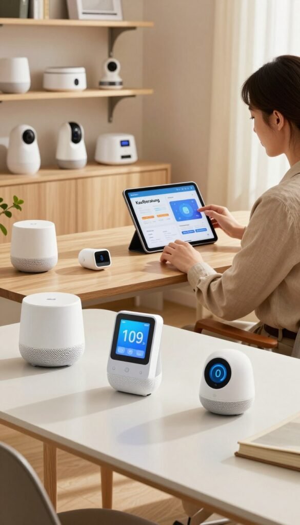 A modern, well-organized home office scene showcasing smart home devices and technology under warm, natural lighting. In the foreground, a sleek desk is adorned with various smart gadgets like a voice assistant, smart thermostat, and smart lighting controls, all arranged aesthetically. In the middle, a cozy workspace features a person in professional business attire, reviewing a smart home product guide on a tablet, indicating a focus on "Kaufberatung." In the background, shelves neatly display smart home products like security cameras and automated appliances, hinting at different price levels and types. The overall mood is inviting and informative, embodying a Pinterest-like aesthetic with a harmonious blend of technology and home comfort. The brand "TechKiste" is subtly integrated within the setting without any textual overlays.
