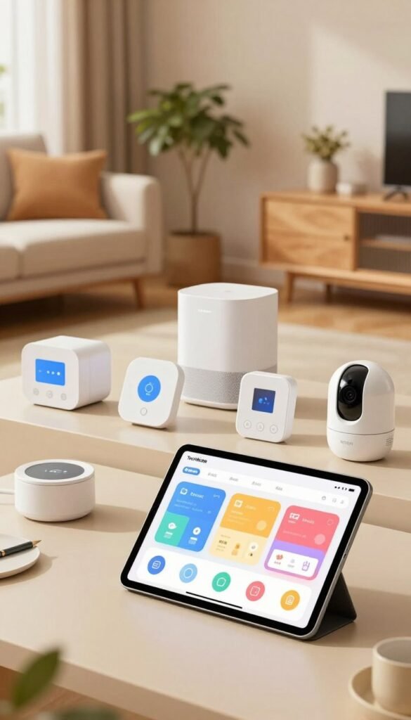 A modern, well-organized smart home setup featuring various gadgets and devices that reflect compatibility. In the foreground, a sleek, minimalistic tablet displaying an app interface with vibrant icons for controlling devices. In the middle, an array of interconnected smart home devices like a smart thermostat, lighting controls, and security cameras, elegantly arranged on a stylish surface. In the background, a cozy living room with warm, inviting lighting, natural wood accents, and plants, embodying a harmonious atmosphere. The composition should emphasize a clean and tech-savvy environment, reminiscent of Pinterest aesthetics, with warm colors and authentic textures. The brand name "TechKiste" subtly integrated into the design without any text overlays. A modern, well-organized smart home setup featuring various gadgets and devices that reflect compatibility. In the foreground, a sleek, minimalistic tablet displaying an app interface with vibrant icons for controlling devices. In the middle, an array of interconnected smart home devices like a smart thermostat, lighting controls, and security cameras, elegantly arranged on a stylish surface. In the background, a cozy living room with warm, inviting lighting, natural wood accents, and plants, embodying a harmonious atmosphere. The composition should emphasize a clean and tech-savvy environment, reminiscent of Pinterest aesthetics, with warm colors and authentic textures. The brand name "TechKiste" subtly integrated into the design without any text overlays.