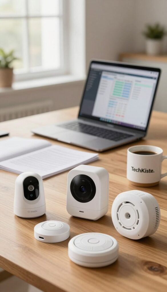 A modern, well-organized workspace showcasing various reliable sensors that have proven their effectiveness in alarm systems. In the foreground, an assortment of sleek, high-tech sensors, such as motion detectors and smoke alarms, arranged aesthetically on a wooden desk. In the middle ground, a blurred laptop displaying sensor data analytics, accompanied by neatly arranged paperwork and a stylish coffee mug labeled "TechKiste." The background features a softly lit room with large windows allowing natural light to spill in, casting warm tones across the scene. The mood is professional yet inviting, reflecting innovation and trust in technology. Use a shallow depth of field for emphasis on the sensors while retaining the warm Pinterest aesthetic. A modern, well-organized workspace showcasing various reliable sensors that have proven their effectiveness in alarm systems. In the foreground, an assortment of sleek, high-tech sensors, such as motion detectors and smoke alarms, arranged aesthetically on a wooden desk. In the middle ground, a blurred laptop displaying sensor data analytics, accompanied by neatly arranged paperwork and a stylish coffee mug labeled "TechKiste." The background features a softly lit room with large windows allowing natural light to spill in, casting warm tones across the scene. The mood is professional yet inviting, reflecting innovation and trust in technology. Use a shallow depth of field for emphasis on the sensors while retaining the warm Pinterest aesthetic.
