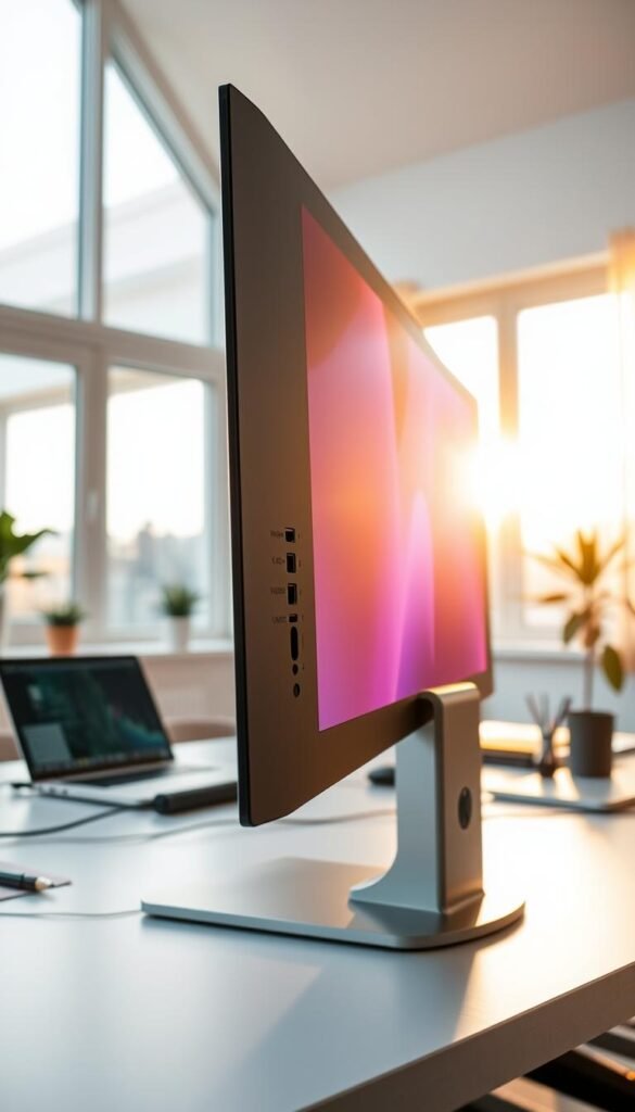 A modern workspace featuring a TechKiste Lösung Hub Monitor as the centerpiece. In the foreground, focus on the sleek, metallic design of the monitor with vibrant colors displayed on the screen, showcasing diverse connectivity ports. The middle layer includes a stylish desk with a minimalist laptop, a USB-C hub beside the monitor, and organizational tools like notebooks and pens. In the background, a softly lit, airy room with large windows allowing warm natural light to flood in, creating a balanced atmosphere. Add subtle shadows for depth, and use a wide-angle lens effect to emphasize the monitor's presence. The overall mood should be inviting, professional, and conducive to productivity, with a Pinterest-inspired aesthetic harmonizing warm tones. A modern workspace featuring a TechKiste Lösung Hub Monitor as the centerpiece. In the foreground, focus on the sleek, metallic design of the monitor with vibrant colors displayed on the screen, showcasing diverse connectivity ports. The middle layer includes a stylish desk with a minimalist laptop, a USB-C hub beside the monitor, and organizational tools like notebooks and pens. In the background, a softly lit, airy room with large windows allowing warm natural light to flood in, creating a balanced atmosphere. Add subtle shadows for depth, and use a wide-angle lens effect to emphasize the monitor's presence. The overall mood should be inviting, professional, and conducive to productivity, with a Pinterest-inspired aesthetic harmonizing warm tones.