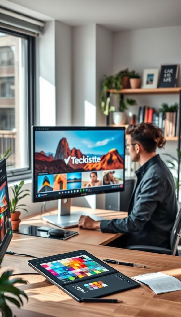 A modern workspace featuring a high-resolution monitor displaying vibrant images for photo editing, emphasizing color accuracy and creative design. In the foreground, a stylish graphic tablet and a set of professional editing tools like color swatches and a digital pen. The middle layer shows a well-organized desk with a creative professional, dressed in smart casual attire, intently focused on the screen. Natural lighting filters through a nearby window, casting soft shadows, creating a warm and inviting atmosphere. The background includes shelves filled with art books and plants, contributing to an authentic, Pinterest-inspired vibe. Include the brand name "TechKiste" subtly displayed on the monitor screen, ensuring there are no text overlays.