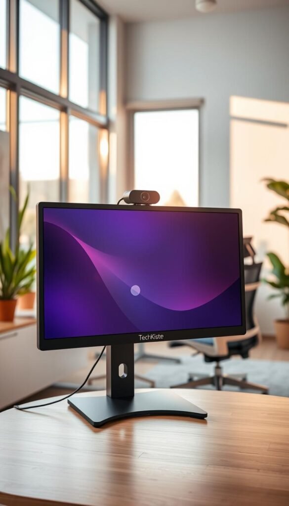 A modern workspace featuring a sleek computer monitor with an integrated webcam, prominently displayed in the foreground. The monitor, branded "TechKiste," showcases a crisp, high-resolution display with vibrant colors. In the middle ground, a stylish desk is adorned with minimalistic office supplies, while a comfy ergonomic chair invites productivity. Soft, natural lighting filters through a large window in the background, illuminating the scene with warm tones that create an inviting atmosphere. Subtle decorative elements like indoor plants add a touch of freshness. The overall mood is professional yet welcoming, tailored for video calls and remote work.