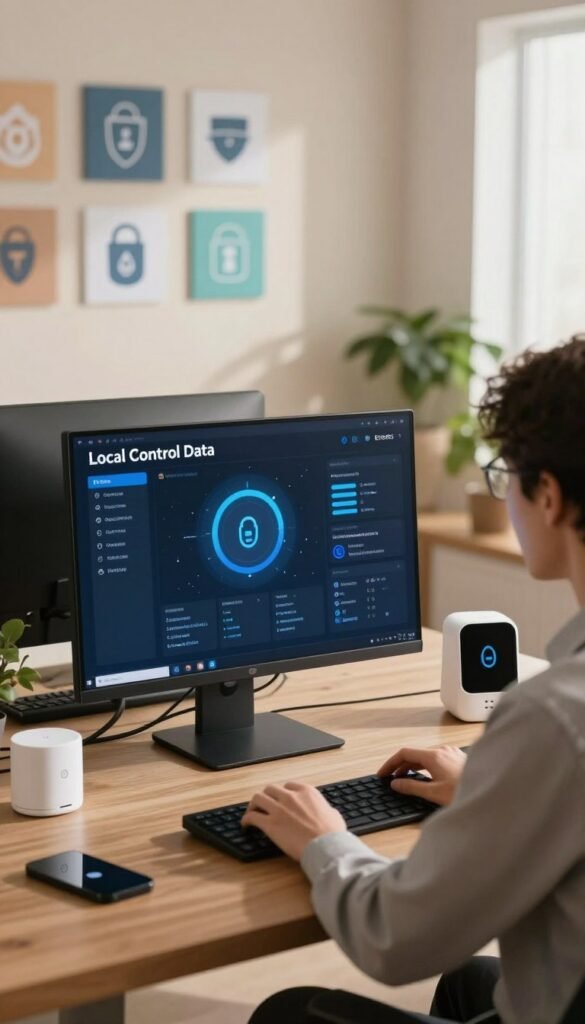 A modern workspace featuring a sleek computer setup displaying a dashboard labeled "Local Control Data" in a secure, encrypted environment. In the foreground, a user with professional attire is engaged in setting up a VPN, surrounded by a few devices like smart home gadgets and a router, suggesting a comfortably lived-in feel. The middle ground features a wall with digital security icons, symbolizing encryption and data privacy, in warm, natural colors. The background includes a soft focus of a well-lit room with plants, creating an inviting atmosphere. The image should capture a sense of control, security, and modern technology, reflecting the themes of localized data usage and enhanced privacy. Include a subtle brand logo of "TechKiste" in the corner, integrating seamlessly into the design.