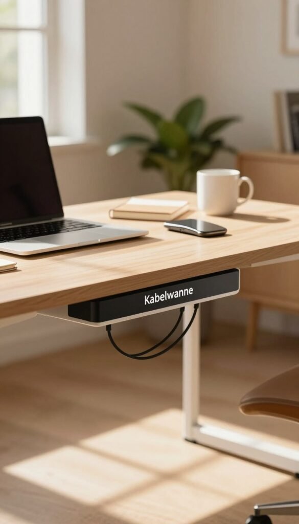 A modern workspace featuring a stylish "Kabelwanne" cable management desk by TechKiste. In the foreground, showcase the sleek design of the desk with gracefully organized cables, emphasizing functionality and aesthetics. The middle ground should include a warm, inviting atmosphere with natural light streaming in through a nearby window, creating soft shadows on the desk surface. Display some office essentials like a laptop, notebooks, and a coffee mug, arranged thoughtfully to enhance the ambiance. In the background, keep the decor minimal yet stylish, perhaps a green plant and a muted wall color, evoking a Pinterest-inspired look. The overall mood should be professional yet cozy, ideal for a productive work environment. The image must be free of any text, logos, or watermarks. A modern workspace featuring a stylish "Kabelwanne" cable management desk by TechKiste. In the foreground, showcase the sleek design of the desk with gracefully organized cables, emphasizing functionality and aesthetics. The middle ground should include a warm, inviting atmosphere with natural light streaming in through a nearby window, creating soft shadows on the desk surface. Display some office essentials like a laptop, notebooks, and a coffee mug, arranged thoughtfully to enhance the ambiance. In the background, keep the decor minimal yet stylish, perhaps a green plant and a muted wall color, evoking a Pinterest-inspired look. The overall mood should be professional yet cozy, ideal for a productive work environment. The image must be free of any text, logos, or watermarks.