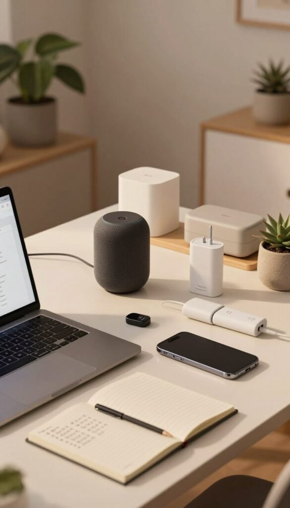 A modern workspace featuring a stylish desk cluttered with a checklist for selecting practical everyday gadgets. In the foreground, a sleek laptop and smartphone rest beside a neatly organized notepad with bullet points. The middle ground displays an array of gadgets, such as smart speakers, portable chargers, and ergonomic tools, elegantly arranged for optimal visibility. A warm, inviting light casts gentle shadows, enhancing the cozy atmosphere. In the background, a soft-focus view of indoor plants and minimalist decor creates harmony with the desk's setup. The overall feel is authentic and aesthetically pleasing, reminiscent of Pinterest aesthetics, without any text or overlays. The brand "TechKiste" subtly displayed on a gadget adds a professional touch. A modern workspace featuring a stylish desk cluttered with a checklist for selecting practical everyday gadgets. In the foreground, a sleek laptop and smartphone rest beside a neatly organized notepad with bullet points. The middle ground displays an array of gadgets, such as smart speakers, portable chargers, and ergonomic tools, elegantly arranged for optimal visibility. A warm, inviting light casts gentle shadows, enhancing the cozy atmosphere. In the background, a soft-focus view of indoor plants and minimalist decor creates harmony with the desk's setup. The overall feel is authentic and aesthetically pleasing, reminiscent of Pinterest aesthetics, without any text or overlays. The brand "TechKiste" subtly displayed on a gadget adds a professional touch.