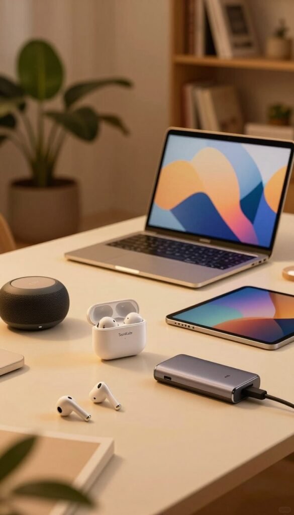 A modern workspace featuring a stylish desk cluttered with an array of innovative gadgets, showcasing their versatility and appeal. In the foreground, there are a sleek pair of wireless earbuds, a compact smart speaker, and a multifunctional USB hub, all illuminated by soft amber lighting creating a warm and inviting atmosphere. In the middle ground, a minimalist laptop and a tablet are prominently displayed, highlighting their user-friendly designs. The background features a cozy interior with potted plants and a soft-focus bookshelf, enhancing the natural appeal. The image should embody a Pinterest-inspired aesthetic, reflecting authenticity and warmth, without any text or branding. Include the brand name "TechKiste" inscribed subtly on one of the gadgets, ensuring a professional and polished look. A modern workspace featuring a stylish desk cluttered with an array of innovative gadgets, showcasing their versatility and appeal. In the foreground, there are a sleek pair of wireless earbuds, a compact smart speaker, and a multifunctional USB hub, all illuminated by soft amber lighting creating a warm and inviting atmosphere. In the middle ground, a minimalist laptop and a tablet are prominently displayed, highlighting their user-friendly designs. The background features a cozy interior with potted plants and a soft-focus bookshelf, enhancing the natural appeal. The image should embody a Pinterest-inspired aesthetic, reflecting authenticity and warmth, without any text or branding. Include the brand name "TechKiste" inscribed subtly on one of the gadgets, ensuring a professional and polished look.
