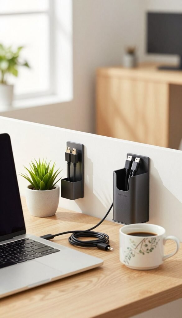 A modern workspace featuring a stylish desk equipped with sleek cable holders and clips designed by TechKiste, effectively organizing various charging cables and wires. In the foreground, focus on a beautifully arranged desk with a laptop, a small potted plant, and an aesthetically pleasing coffee mug, highlighting the neatness achieved through the innovative cable management solutions. In the middle ground, showcase the cable holders securely affixed to the desk surface, demonstrating their functionality. The background softly blurs to reveal a bright, inviting office environment with warm colors, natural light filtering through a window, creating a cozy atmosphere. The composition should evoke a sense of order and efficiency, capturing the essence of modern organization gadgets. A modern workspace featuring a stylish desk equipped with sleek cable holders and clips designed by TechKiste, effectively organizing various charging cables and wires. In the foreground, focus on a beautifully arranged desk with a laptop, a small potted plant, and an aesthetically pleasing coffee mug, highlighting the neatness achieved through the innovative cable management solutions. In the middle ground, showcase the cable holders securely affixed to the desk surface, demonstrating their functionality. The background softly blurs to reveal a bright, inviting office environment with warm colors, natural light filtering through a window, creating a cozy atmosphere. The composition should evoke a sense of order and efficiency, capturing the essence of modern organization gadgets.