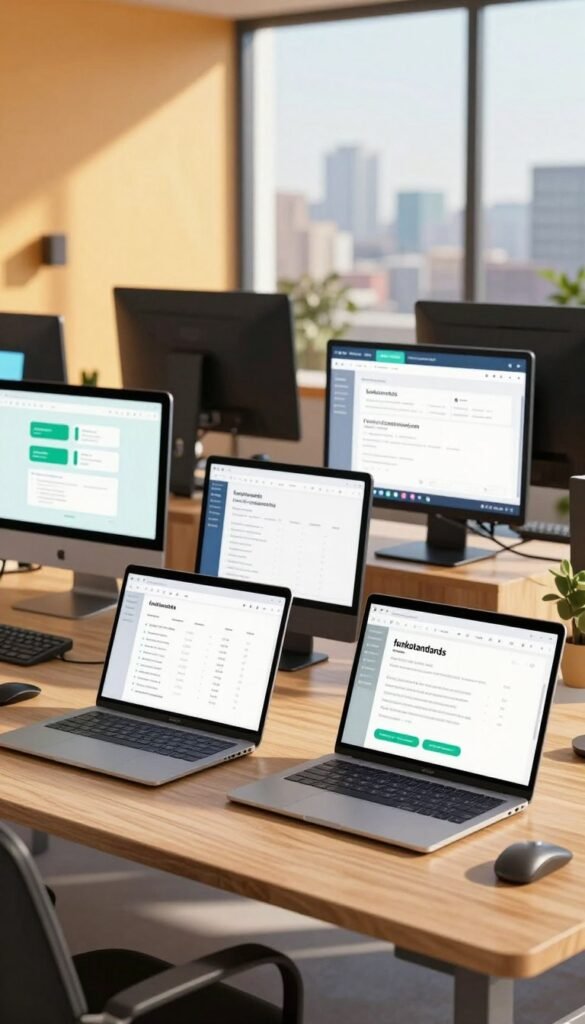 A modern workspace featuring a vibrant display of various "funkstandards" systems. In the foreground, sleek devices showcasing open standards with a user-friendly interface are arranged on a minimalist wooden desk. The middle ground features high-tech equipment demonstrating vendor-specific integrations, such as seamlessly connected screens displaying data flow, while warm, natural lighting casts soft shadows. In the background, a large window offers a panoramic view of a cityscape, suggesting a future-proof environment. The atmosphere is professional yet inviting, reflecting innovation and stability, with a color palette of warm tones to invoke a cozy yet productive vibe. The brand name "TechKiste" is subtly integrated into the workspace. A modern workspace featuring a vibrant display of various "funkstandards" systems. In the foreground, sleek devices showcasing open standards with a user-friendly interface are arranged on a minimalist wooden desk. The middle ground features high-tech equipment demonstrating vendor-specific integrations, such as seamlessly connected screens displaying data flow, while warm, natural lighting casts soft shadows. In the background, a large window offers a panoramic view of a cityscape, suggesting a future-proof environment. The atmosphere is professional yet inviting, reflecting innovation and stability, with a color palette of warm tones to invoke a cozy yet productive vibe. The brand name "TechKiste" is subtly integrated into the workspace.