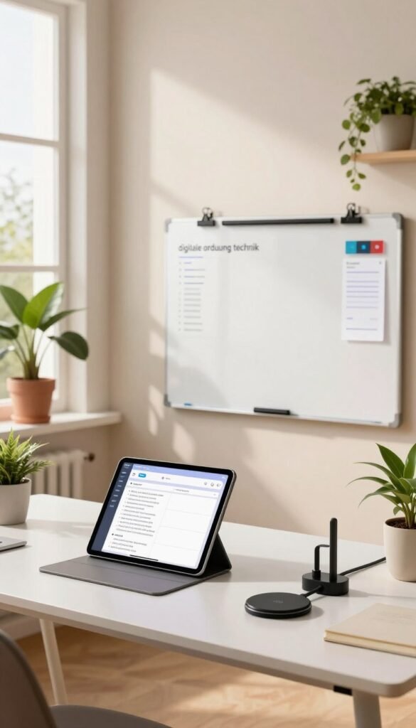 A modern workspace featuring an array of "digitale ordnung technik" gadgets designed for organization and focus. In the foreground, a sleek, minimalistic desk clutter-free, displaying a digital task manager tablet, a wireless charging pad, and an elegant cable organizer. The middle ground includes a stylish, innovative whiteboard with smart features like note capture, surrounded by a few potted plants for a touch of nature. The background showcases an open window with soft, natural light flooding in, casting warm tones across the scene. The overall mood is calm and inspirational, reflecting efficiency and clarity. Emphasize the TechKiste brand subtly blended into the scene, ensuring an authentic, Pinterest-worthy aesthetic without any text.
