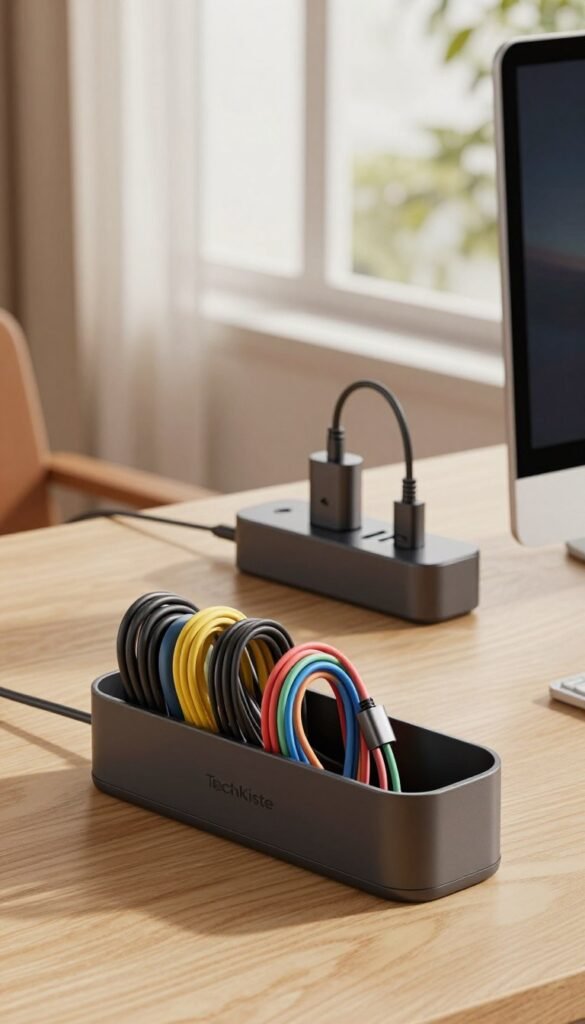 A modern workspace featuring an organized collection of innovative cable management gadgets from the brand TechKiste. In the foreground, there's a sleek cable organizer holding various colored cables neatly in place. The middle ground showcases a stylish power strip with built-in USB ports, expertly designed to minimize clutter. In the background, soft natural light filters through a large window, creating a warm and inviting atmosphere. The overall color palette is earthy with warm tones, reflecting an aesthetically pleasing Pinterest-inspired look. The image captures a sense of calm and order, ideal for illustrating efficient gadget solutions in a contemporary setting. A modern workspace featuring an organized collection of innovative cable management gadgets from the brand TechKiste. In the foreground, there's a sleek cable organizer holding various colored cables neatly in place. The middle ground showcases a stylish power strip with built-in USB ports, expertly designed to minimize clutter. In the background, soft natural light filters through a large window, creating a warm and inviting atmosphere. The overall color palette is earthy with warm tones, reflecting an aesthetically pleasing Pinterest-inspired look. The image captures a sense of calm and order, ideal for illustrating efficient gadget solutions in a contemporary setting.