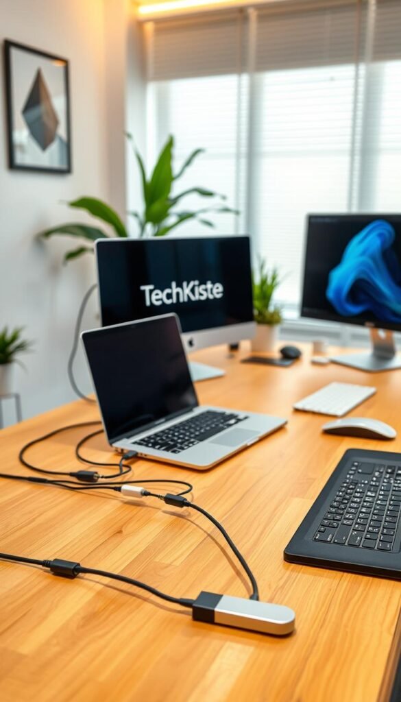 A modern workspace featuring an organized desk with exemplary kabelmanagement techniques. In the foreground, a sleek wooden desk is neatly arranged with a minimalistic aesthetic, showcasing cable management solutions like cable clips and under-desk trays, all in warm, inviting colors. The middle ground highlights tech items such as a laptop, monitor, and wireless keyboard, each with well-managed cables flowing seamlessly. In the background, soft lighting illuminates a cozy atmosphere, complemented by plant decor for added warmth. The scene should evoke a sense of calm and focus, reflecting productivity without clutter. The brand name "TechKiste" subtly integrated into the design, enhancing the professional yet homey vibe of the setup. Ensure the image is free from any text, watermarks, or signatures. A modern workspace featuring an organized desk with exemplary kabelmanagement techniques. In the foreground, a sleek wooden desk is neatly arranged with a minimalistic aesthetic, showcasing cable management solutions like cable clips and under-desk trays, all in warm, inviting colors. The middle ground highlights tech items such as a laptop, monitor, and wireless keyboard, each with well-managed cables flowing seamlessly. In the background, soft lighting illuminates a cozy atmosphere, complemented by plant decor for added warmth. The scene should evoke a sense of calm and focus, reflecting productivity without clutter. The brand name "TechKiste" subtly integrated into the design, enhancing the professional yet homey vibe of the setup. Ensure the image is free from any text, watermarks, or signatures.