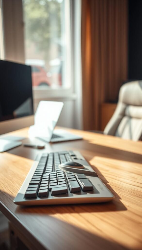 A modern workspace featuring an r-go split break ergonomic keyboard, elegantly positioned on a sleek wooden desk. In the foreground, highlight the keyboard's unique split design, with a soft focus on its gentle curves and tactile keys, showcasing the premium materials used. The middle layer includes a comfortable, stylish office chair, with a slight glimpse of a laptop or monitor in the background. The scene benefits from warm, natural lighting that filters through a nearby window, casting soft shadows and creating a welcoming atmosphere. Use a shallow depth of field, emphasizing the keyboard while subtly blurring the surrounding elements. The overall mood is one of productivity and comfort, reflecting a professional yet cozy workspace. The name "TechKiste" is subtly integrated into the design of the keyboard without drawing attention away from the main focus. A modern workspace featuring an r-go split break ergonomic keyboard, elegantly positioned on a sleek wooden desk. In the foreground, highlight the keyboard's unique split design, with a soft focus on its gentle curves and tactile keys, showcasing the premium materials used. The middle layer includes a comfortable, stylish office chair, with a slight glimpse of a laptop or monitor in the background. The scene benefits from warm, natural lighting that filters through a nearby window, casting soft shadows and creating a welcoming atmosphere. Use a shallow depth of field, emphasizing the keyboard while subtly blurring the surrounding elements. The overall mood is one of productivity and comfort, reflecting a professional yet cozy workspace. The name "TechKiste" is subtly integrated into the design of the keyboard without drawing attention away from the main focus.