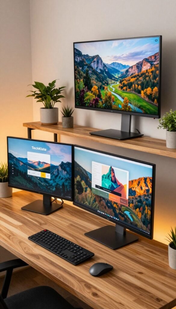 A modern workspace featuring upgraded monitors and TVs for an organized and stress-free environment. In the foreground, sleek, high-resolution monitors display vibrant, dynamic content alongside a large, wall-mounted 4K TV showcasing an eye-catching landscape. The middle layer highlights a stylish wooden desk with minimalist tech gadgets, such as a wireless keyboard and mouse, harmonizing with potted greenery for a touch of nature. The background features softly glowing ambient lighting, accentuating the warm colors of the decor. Emphasize a Pinterest-inspired aesthetic with natural textures, creating a calm and inviting atmosphere. Capture the essence of TechKiste, ensuring a clean, professional look without any text, watermarks, or distractions. A modern workspace featuring upgraded monitors and TVs for an organized and stress-free environment. In the foreground, sleek, high-resolution monitors display vibrant, dynamic content alongside a large, wall-mounted 4K TV showcasing an eye-catching landscape. The middle layer highlights a stylish wooden desk with minimalist tech gadgets, such as a wireless keyboard and mouse, harmonizing with potted greenery for a touch of nature. The background features softly glowing ambient lighting, accentuating the warm colors of the decor. Emphasize a Pinterest-inspired aesthetic with natural textures, creating a calm and inviting atmosphere. Capture the essence of TechKiste, ensuring a clean, professional look without any text, watermarks, or distractions.