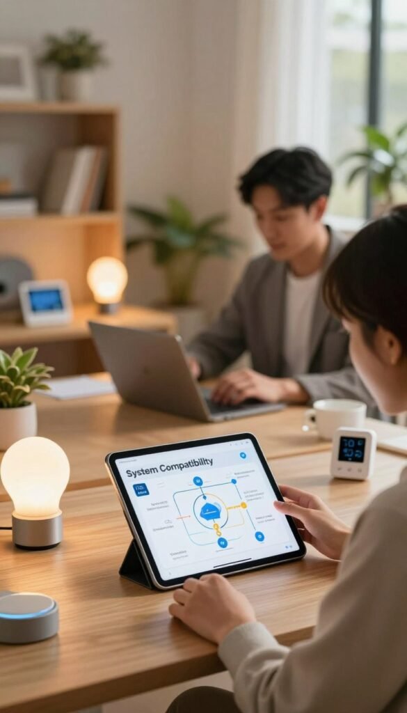 A modern workspace featuring various smart devices interconnected seamlessly, showcasing the concept of "System Compatibility." In the foreground, a sleek tablet displays an intricate diagram of electric automation, surrounded by smart home gadgets like smart bulbs and a thermostat. The middle layer features a stylish, professional individual in business attire, attentively analyzing the tablet, reflecting the importance of planning in device compatibility. The background is filled with a cozy, well-lit room with warm colors, plants, and tech elements, creating a welcoming atmosphere. Soft natural lighting highlights the scene, conveying a sense of innovation and ease. The TechKiste brand logo subtly appears on the tablet screen, enhancing the authenticity of the image without any text overlays or distractions.