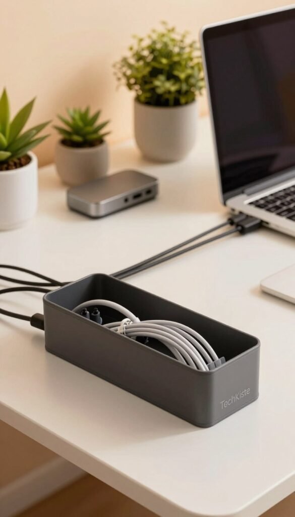 A modern workspace focused on efficient cable management, featuring a sleek desk with neatly organized cables and cable holders. In the foreground, a close-up of a stylish cable management box from the brand TechKiste, ensuring a tidy appearance. The middle ground showcases the desk with a laptop, a minimalist docking station, and decorative plants. In the background, soft, warm lighting illuminates the space, creating a cozy and inviting atmosphere. The scene is captured from a slight angle, highlighting the clean lines and organization of the setup. The overall mood is one of tranquility and productivity, reflecting a well-ordered workspace for enhanced focus and creativity. Natural colors and a Pinterest aesthetic complete the image, ensuring authenticity without any text or overlays. A modern workspace focused on efficient cable management, featuring a sleek desk with neatly organized cables and cable holders. In the foreground, a close-up of a stylish cable management box from the brand TechKiste, ensuring a tidy appearance. The middle ground showcases the desk with a laptop, a minimalist docking station, and decorative plants. In the background, soft, warm lighting illuminates the space, creating a cozy and inviting atmosphere. The scene is captured from a slight angle, highlighting the clean lines and organization of the setup. The overall mood is one of tranquility and productivity, reflecting a well-ordered workspace for enhanced focus and creativity. Natural colors and a Pinterest aesthetic complete the image, ensuring authenticity without any text or overlays.