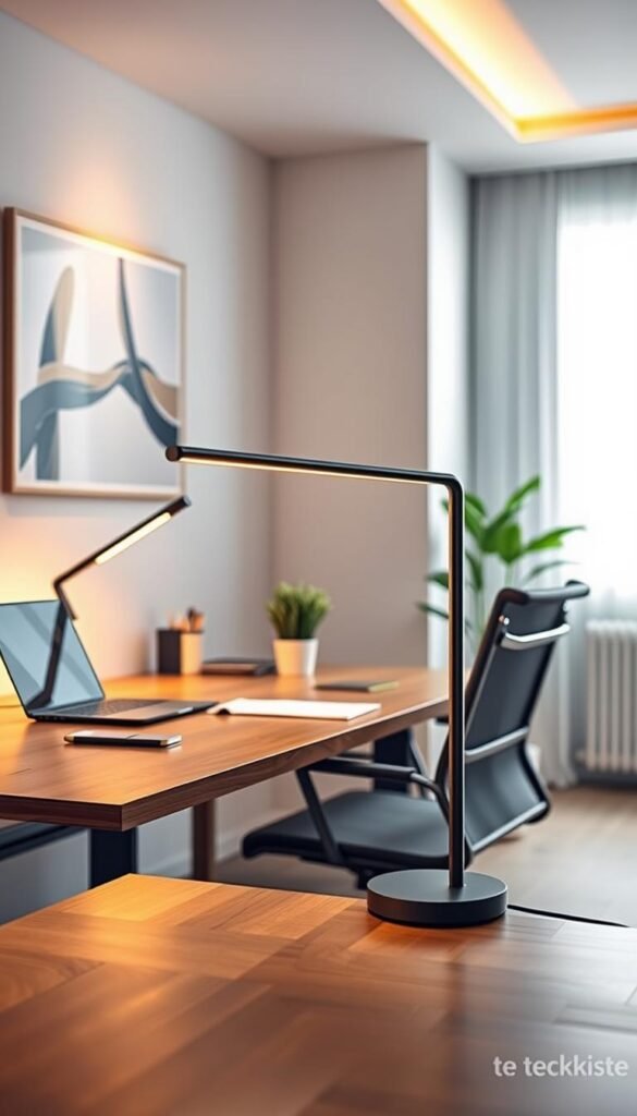 A modern workspace illuminated by warm LED lighting, featuring a sleek wooden desk organized with a laptop, stationery, and a small plant for a touch of greenery. In the foreground, a stylish TechKiste LED desk lamp casts a soft, inviting glow, showcasing its elegant design. The middle ground includes a comfortable office chair positioned at the desk, with a backdrop of a clean, minimalist wall adorned with abstract art. Natural light filters in through a nearby window, adding depth and warmth to the scene. The atmosphere is calm and professional, ideal for focused work, reflecting a harmonious blend of functionality and aesthetic appeal in a contemporary office setting. A modern workspace illuminated by warm LED lighting, featuring a sleek wooden desk organized with a laptop, stationery, and a small plant for a touch of greenery. In the foreground, a stylish TechKiste LED desk lamp casts a soft, inviting glow, showcasing its elegant design. The middle ground includes a comfortable office chair positioned at the desk, with a backdrop of a clean, minimalist wall adorned with abstract art. Natural light filters in through a nearby window, adding depth and warmth to the scene. The atmosphere is calm and professional, ideal for focused work, reflecting a harmonious blend of functionality and aesthetic appeal in a contemporary office setting.