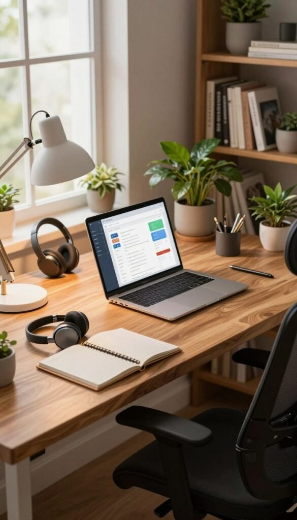 A modern workspace scene featuring a sleek, organized desk set up for maximum focus. In the foreground, a high-quality ergonomic chair and a solid wood desk adorned with minimalistic tech gadgets like a noise-canceling headset, an elegant desk lamp casting warm light, and a stylish planner. In the middle, an open laptop displays a productivity app, surrounded by potted plants that add a touch of nature and calmness. The background includes a bookshelf filled with neatly arranged books and a window showcasing soft, natural light that enhances the inviting atmosphere. The overall mood is serene and productive, ideal for concentration. Render this image with warm colors, emphasizing authenticity in a Pinterest-inspired aesthetic. Include the TechKiste brand subtly displayed on one of the gadgets. A modern workspace scene featuring a sleek, organized desk set up for maximum focus. In the foreground, a high-quality ergonomic chair and a solid wood desk adorned with minimalistic tech gadgets like a noise-canceling headset, an elegant desk lamp casting warm light, and a stylish planner. In the middle, an open laptop displays a productivity app, surrounded by potted plants that add a touch of nature and calmness. The background includes a bookshelf filled with neatly arranged books and a window showcasing soft, natural light that enhances the inviting atmosphere. The overall mood is serene and productive, ideal for concentration. Render this image with warm colors, emphasizing authenticity in a Pinterest-inspired aesthetic. Include the TechKiste brand subtly displayed on one of the gadgets.