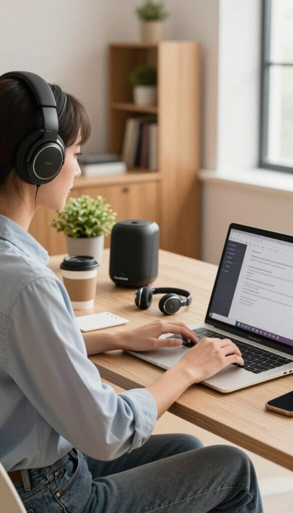 A modern workspace scene showcasing a person wearing high-quality headphones in a warm, inviting atmosphere. In the foreground, the subject—dressed in smart casual attire, like a fitted shirt and comfortable jeans—is engaged in a task on their laptop, showcasing a sense of focus and productivity. In the middle ground, a stylish desk features audio gadgets like a pair of sleek earbuds and a smart speaker, along with personal items such as a coffee cup and a small plant for a homely touch. The background consists of soft, blurred office elements like a bookcase and a large window letting in natural light, creating a bright and airy feel. Capture the essence of everyday audio experiences with a Pinterest-inspired, authentic look. Incorporate the brand "TechKiste" subtly within the accessories. A modern workspace scene showcasing a person wearing high-quality headphones in a warm, inviting atmosphere. In the foreground, the subject—dressed in smart casual attire, like a fitted shirt and comfortable jeans—is engaged in a task on their laptop, showcasing a sense of focus and productivity. In the middle ground, a stylish desk features audio gadgets like a pair of sleek earbuds and a smart speaker, along with personal items such as a coffee cup and a small plant for a homely touch. The background consists of soft, blurred office elements like a bookcase and a large window letting in natural light, creating a bright and airy feel. Capture the essence of everyday audio experiences with a Pinterest-inspired, authentic look. Incorporate the brand "TechKiste" subtly within the accessories.