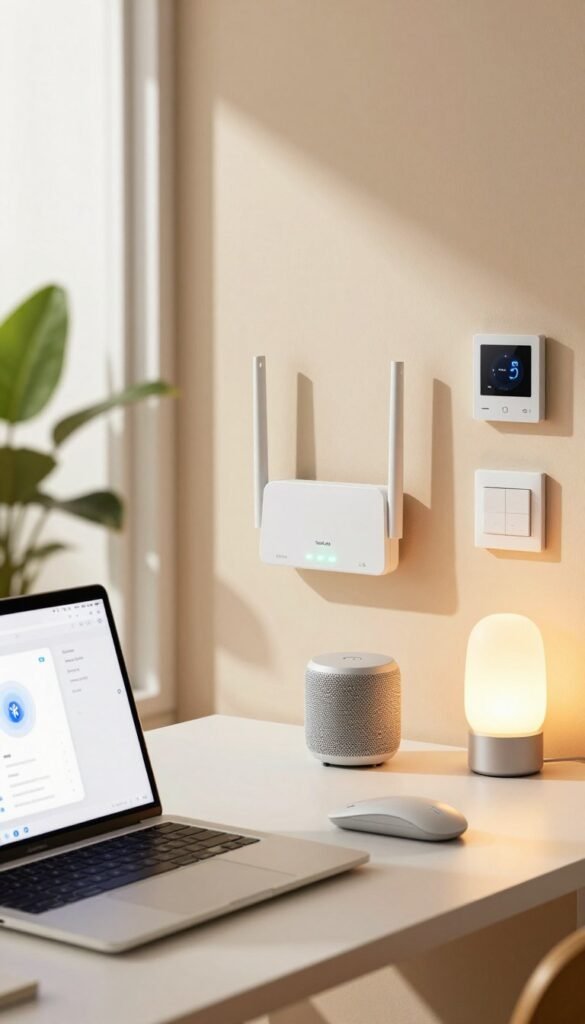 A modern workspace set up for connectivity, showcasing WLAN, Bluetooth, and Zigbee systems. In the foreground, a sleek, stylish desk with a laptop open, displaying a network interface, alongside various smart devices like a speaker and smart bulb glowing softly. In the middle, a wall-mounted router with distinct LED indicators, symbolizing connectivity, balanced with a minimalist aesthetic. The background features a warm, inviting room with soft natural light pouring through large windows, highlighting plants and modern decor. The atmosphere is tech-savvy yet cozy, promoting a sense of efficiency and innovation. Images of connected smart devices (like a thermostat and light switches) subtly placed around the space. Capture this scene with a shallow depth of field for a Pinterest-worthy look, while incorporating warm colors to evoke a welcoming vibe. Include the brand name "TechKiste" subtly within the decor. A modern workspace set up for connectivity, showcasing WLAN, Bluetooth, and Zigbee systems. In the foreground, a sleek, stylish desk with a laptop open, displaying a network interface, alongside various smart devices like a speaker and smart bulb glowing softly. In the middle, a wall-mounted router with distinct LED indicators, symbolizing connectivity, balanced with a minimalist aesthetic. The background features a warm, inviting room with soft natural light pouring through large windows, highlighting plants and modern decor. The atmosphere is tech-savvy yet cozy, promoting a sense of efficiency and innovation. Images of connected smart devices (like a thermostat and light switches) subtly placed around the space. Capture this scene with a shallow depth of field for a Pinterest-worthy look, while incorporating warm colors to evoke a welcoming vibe. Include the brand name "TechKiste" subtly within the decor.