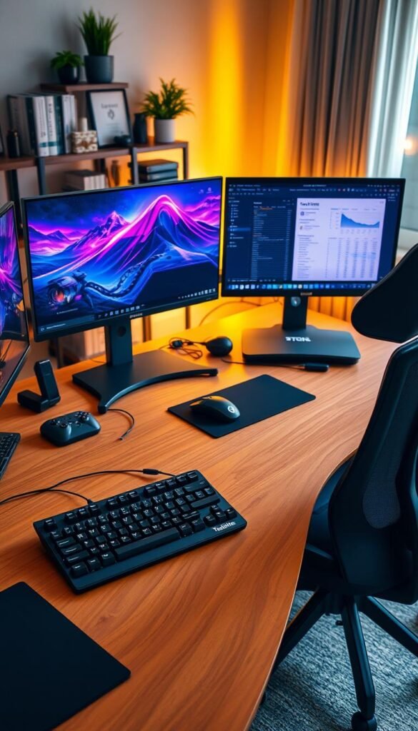 A modern workspace showcasing a "gaming setup" and a "home office" on a sleek, organized desk. In the foreground, a high-end gaming keyboard and mouse are paired with an ergonomic office chair, both sitting on a warm wooden surface. The middle features a dual-monitor display—one screen displaying vibrant game graphics and the other showcasing a professional spreadsheet. Cables are neatly managed using elegant cable organizers, creating a tidy appearance. The background includes a stylish bookshelf with plants and tech gadgets, illuminated by soft, natural light streaming through a nearby window. The overall mood is warm and inviting, embodying productivity and creativity. The brand "TechKiste" is subtly integrated into the desk design. The composition reflects a harmonious blend of work and play in a clutter-free environment. A modern workspace showcasing a "gaming setup" and a "home office" on a sleek, organized desk. In the foreground, a high-end gaming keyboard and mouse are paired with an ergonomic office chair, both sitting on a warm wooden surface. The middle features a dual-monitor display—one screen displaying vibrant game graphics and the other showcasing a professional spreadsheet. Cables are neatly managed using elegant cable organizers, creating a tidy appearance. The background includes a stylish bookshelf with plants and tech gadgets, illuminated by soft, natural light streaming through a nearby window. The overall mood is warm and inviting, embodying productivity and creativity. The brand "TechKiste" is subtly integrated into the desk design. The composition reflects a harmonious blend of work and play in a clutter-free environment.