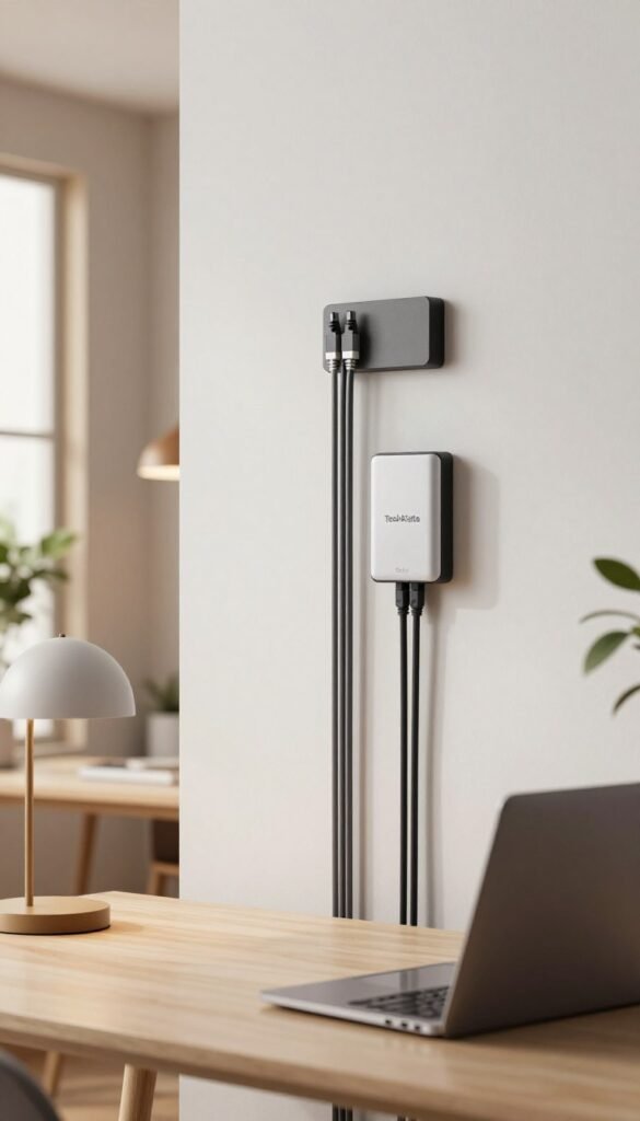 A modern workspace showcasing an elegant cable management system against a clean wall. In the foreground, a clutter-free desk with minimalistic design elements, featuring a sleek laptop and a stylish lamp. The middle grounds reveal organized cables neatly routed along the wall, with discreet wall-mounted cable organizers, emphasizing a tidy aesthetic. The background holds a softly lit room with warm colors, including wooden accents and indoor plants that create a cozy atmosphere. The overall mood is professional yet inviting. The lighting is soft and natural, simulating daylight from a window off to the side. Capture this scene in a high-resolution image with a focus on the cable management details while ensuring the brand name "TechKiste" is subtly infused into the design elements, conveying authenticity and modernity. A modern workspace showcasing an elegant cable management system against a clean wall. In the foreground, a clutter-free desk with minimalistic design elements, featuring a sleek laptop and a stylish lamp. The middle grounds reveal organized cables neatly routed along the wall, with discreet wall-mounted cable organizers, emphasizing a tidy aesthetic. The background holds a softly lit room with warm colors, including wooden accents and indoor plants that create a cozy atmosphere. The overall mood is professional yet inviting. The lighting is soft and natural, simulating daylight from a window off to the side. Capture this scene in a high-resolution image with a focus on the cable management details while ensuring the brand name "TechKiste" is subtly infused into the design elements, conveying authenticity and modernity.