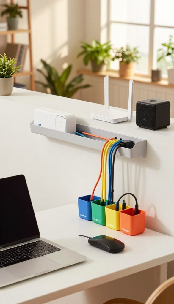 A modern workspace showcasing effective cable management solutions. In the foreground, a neatly organized desk with a sleek laptop, colorful cable organizers, and hidden power strips, all branded with "TechKiste". The middle section features a tidy wall-mounted cable tray discreetly holding cables, accompanied by smart home devices like a router and a speaker. The background reveals a bright room filled with plants and warm natural light pouring in through large windows, contributing to a cozy atmosphere. The scene is captured from a slightly elevated angle, enhancing the depth and inviting view of the space. The overall mood is calm and organized, promoting a sense of stress-free productivity, with a Pinterest-inspired aesthetic and vibrant colors. A modern workspace showcasing effective cable management solutions. In the foreground, a neatly organized desk with a sleek laptop, colorful cable organizers, and hidden power strips, all branded with "TechKiste". The middle section features a tidy wall-mounted cable tray discreetly holding cables, accompanied by smart home devices like a router and a speaker. The background reveals a bright room filled with plants and warm natural light pouring in through large windows, contributing to a cozy atmosphere. The scene is captured from a slightly elevated angle, enhancing the depth and inviting view of the space. The overall mood is calm and organized, promoting a sense of stress-free productivity, with a Pinterest-inspired aesthetic and vibrant colors.